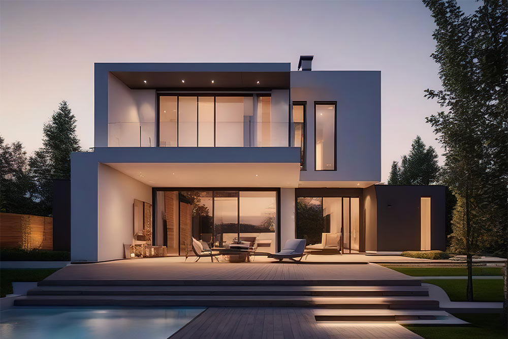 modern luxury villa exterior with big swimming pool